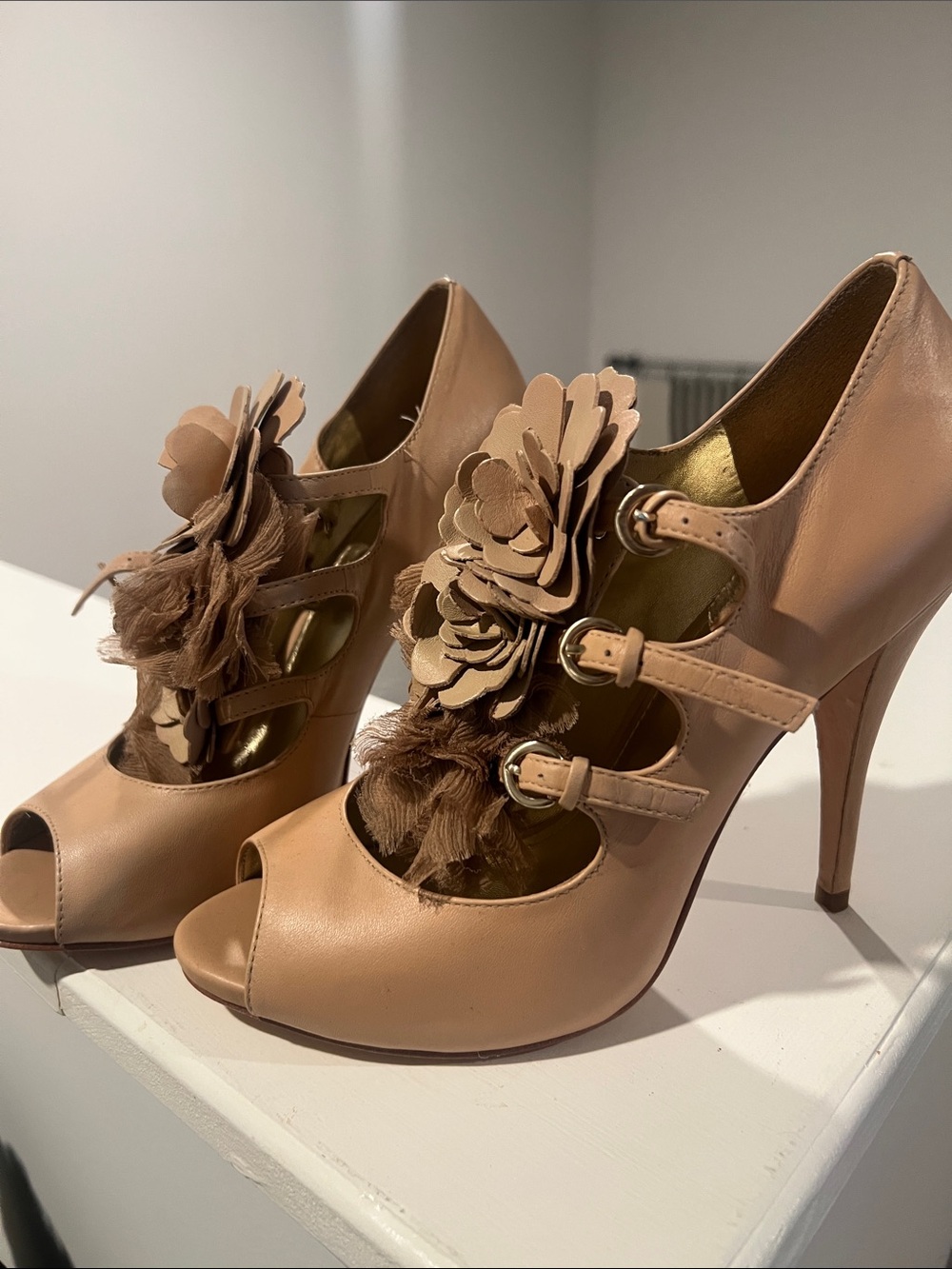 Saks Fifth Avenue Pink-Tan Floral Triple-Strap Peep-Toe Heels